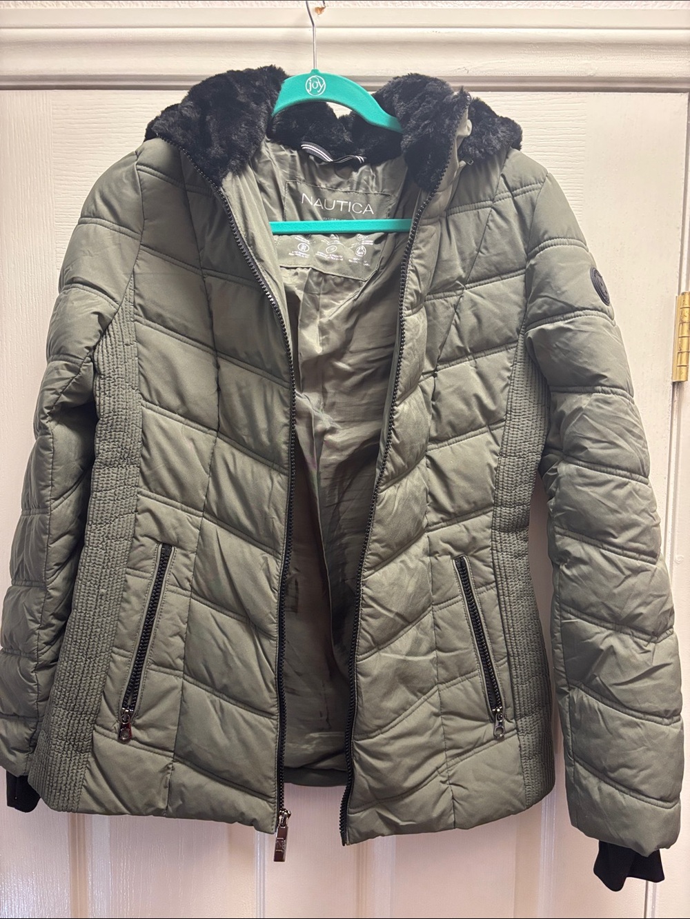 Nautica Olive Green Quilted Puffer Coat with Faux Fur Trim
